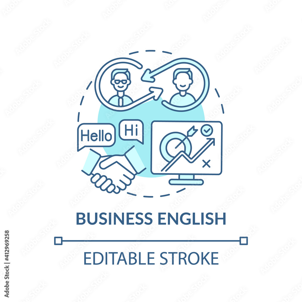 Business English concept icon. Improving language level idea thin line illustration. International trade, commerce, finance, banking. Vector isolated outline RGB color drawing. Editable stroke
