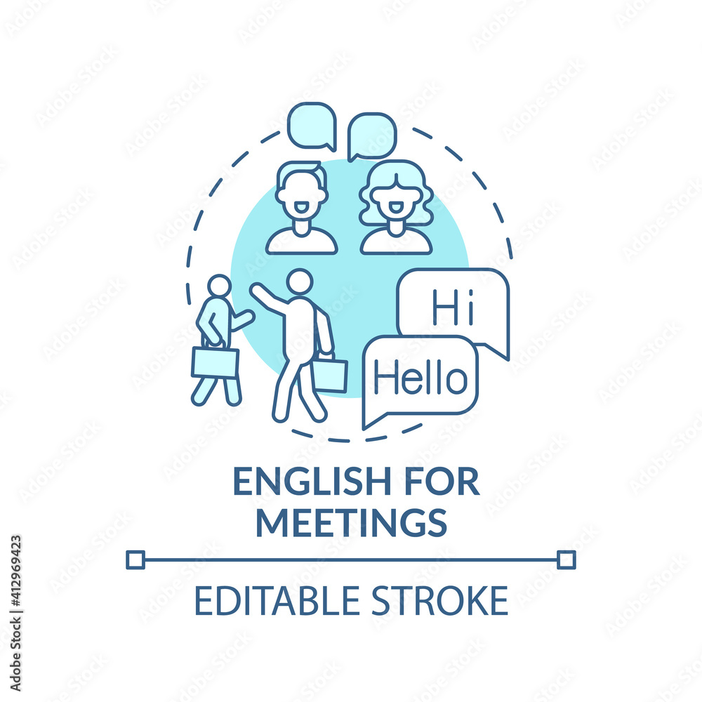 English for meetings concept icon. Business english purpose idea thin line illustration. Negotiating deals. Sales and marketing. Vector isolated outline RGB color drawing. Editable stroke English for meetings concept icon. Business english purpose idea thin line illustration. Negotiating deals. Sales and marketing. Vector isolated outline RGB color drawing. Editable stroke