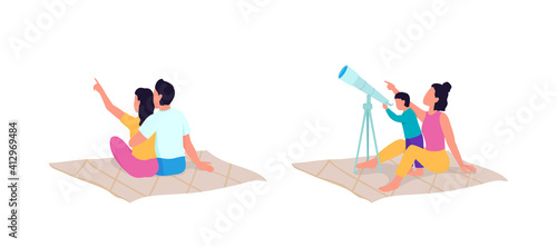 Exploring with telescope flat color vector faceless character set. Discovering new planets with devices. Star gathering isolated cartoon illustration for web graphic design and animation collection