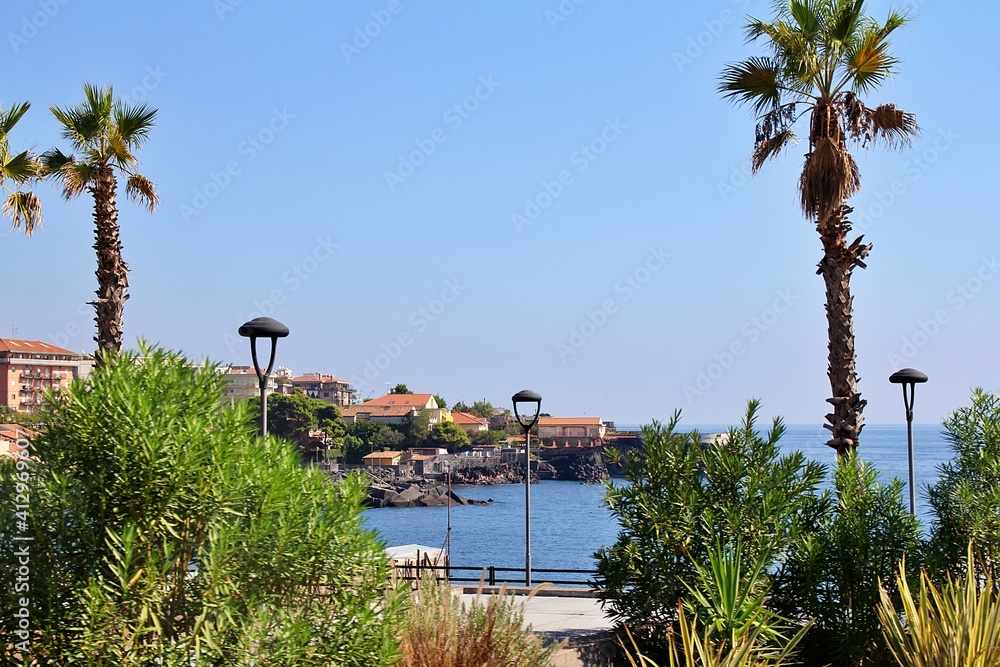view of the coast, the dark volcanic rocks, plants along the coast by the sea, palm trees and houses near the sea
