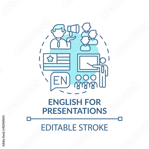 English for presentations concept icon. Business english purpose idea thin line illustration. Developing communicative competence. Vector isolated outline RGB color drawing. Editable stroke