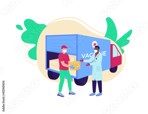 Vaccine delivery flat concept vector illustration. Covid drug distribution. Medication shipment. Courier giving package to doctor 2D cartoon characters for web design. Healthcare creative idea