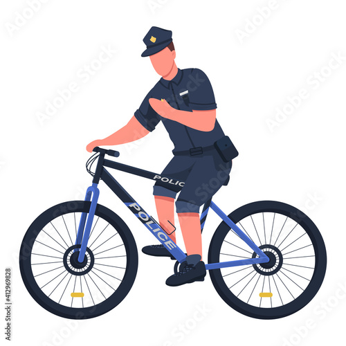 Police officer flat color vector faceless character. Bycycle patrol department. Riding bike around town to help people isolated cartoon illustration for web graphic design and animation