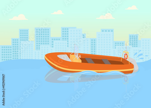 Coast guards boat flat color vector illustration. Checking out coastline to help people. Beach officers transport for helping people 2D cartoon cityscape with big city on background