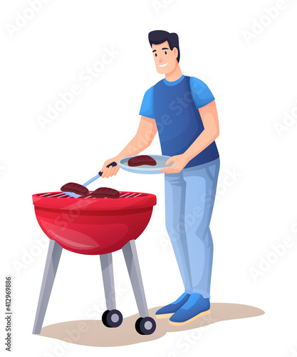 Young man frying barbecue flat color illustration. Cheerful cook in apron grilling sausages and shashlik cartoon character. Nature picnic vector drawing. Cookout season isolated design element.