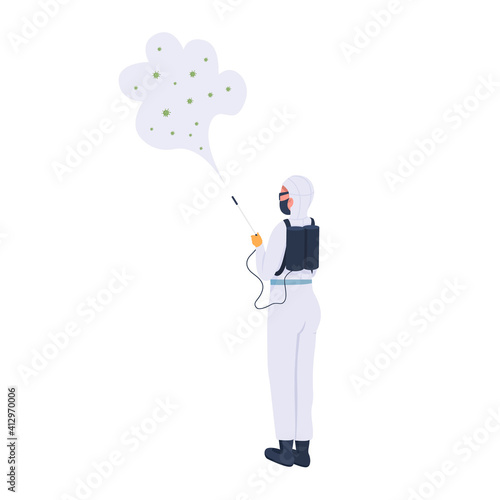 Disinfector flat color vector faceless character. Woman with special device for killing dangerous viruses. Covid safety rules isolated cartoon illustration for web graphic design and animation