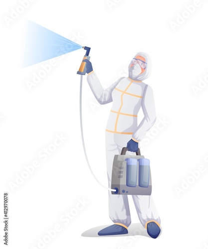 Professional disinfecting or desinsecting room from coronavirus or insects. Cleaning protection and decontamination vector illustration. Person in safety suit and mask spraying with equipment