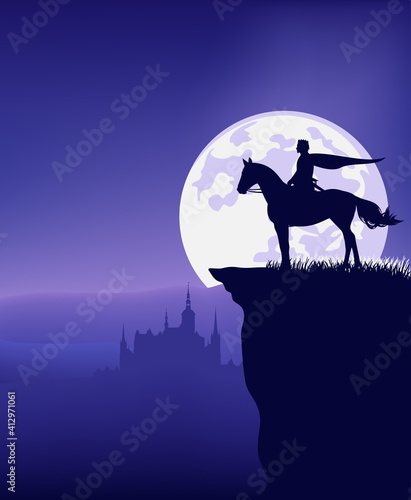 medieval fairy tale prince riding horse on cliff top against full moon - vector night scene with fantasy castle outline