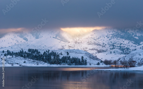 Winter sunset at Horsetooth Reservoir in Fort Collins, Colorado photo