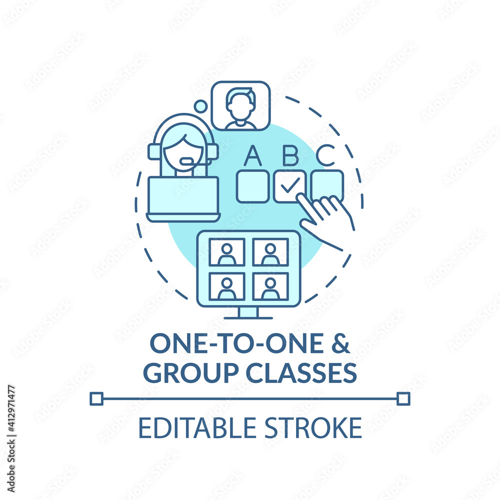 One-to-one and group classes concept icon. Online language courses idea thin line illustration. Private lessons. Collaborative learning. Vector isolated outline RGB color drawing. Editable stroke One-to-one and group classes concept icon. Online language courses idea thin line illustration. Private lessons. Collaborative learning. Vector isolated outline RGB color drawing. Editable stroke