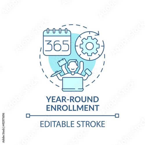 Year-round enrollment concept icon. Online language courses benefit idea thin line illustration. Student and teacher burnout prevention. Vector isolated outline RGB color drawing. Editable stroke
