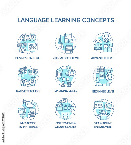 Language learning concept icons set. Language acquisition idea thin line RGB color illustrations. Intermediate level. 24 to 7 access to materials. Vector isolated outline drawings. Editable stroke