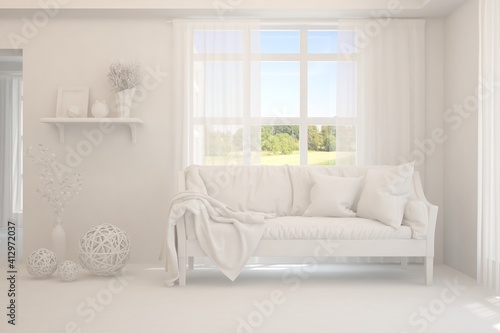 White living room with sofa and summer landscape in window. Scandinavian interior design. 3D illustration