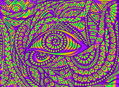 Vintage hippie trippy psychedelic Eye with many decorative crazy patterns, neon bright gradientorange green purple color.