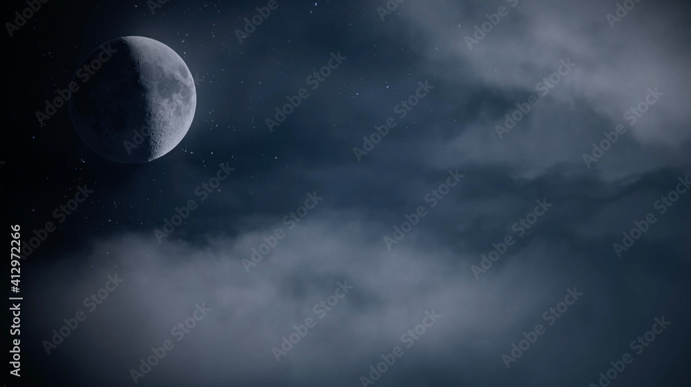 Moody moon on stairy night sky with clouds