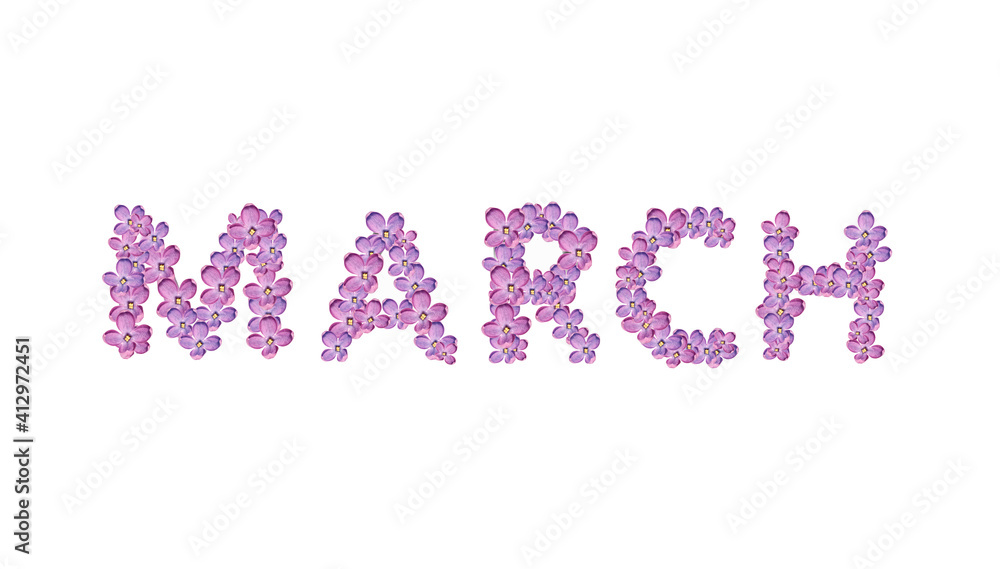 words in english made up of lilac flowers on white background