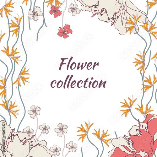 Vector banner with tropical flowers on a white background. Floral frame for text, flyer, poster.