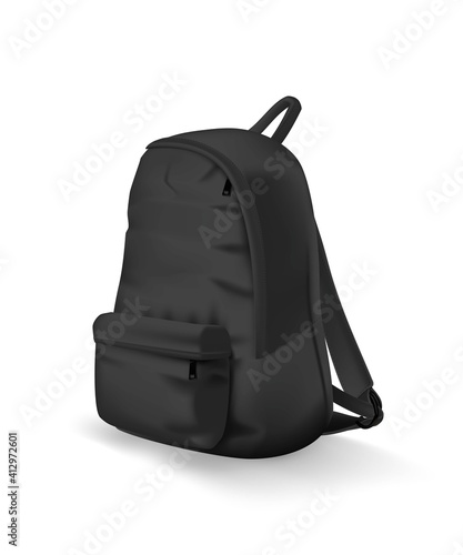 Black backpack design. College or school rucksack mockup vector illustration. Realistic youth pack of fabric for study or sport with shadow template isolated on white background