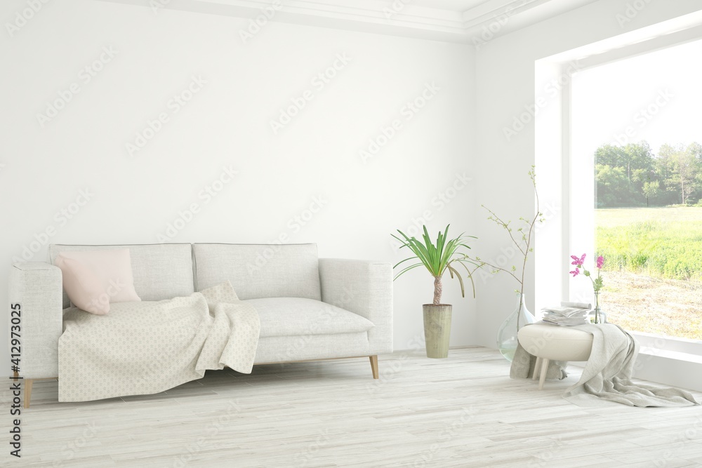 White living room with sofa and summer landscape in window. Scandinavian interior design. 3D illustration White living room with sofa and summer landscape in window. Scandinavian interior design. 3D illustration