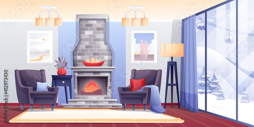 Winter cabin with fireplace interior design background. Vacation at ski resort vector illustration. Apartment with armchairs, fire, posters, window view on slopes and trees