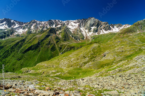 Passo Gavia, mountain pass in Lombardy, Italy, to Val Camonica at summer