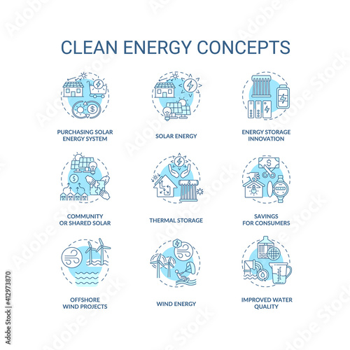 Nature energy concept icons set. Savings for consumers idea thin line RGB color illustrations. Offshore wind projects. Energy storage innovation. Vector isolated outline drawings. Editable stroke