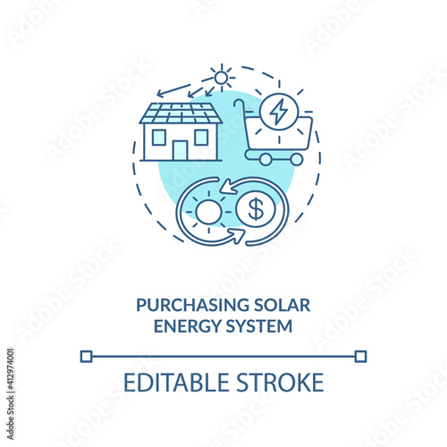Purchasing solar energy system concept icon. No needs of electricity idea thin line illustration. Rack system holding PV panels in place. Vector isolated outline RGB color drawing. Editable stroke