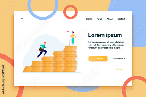 Man climbing on money bar chart. His colleague standing on top with flag flat vector illustration. Finance, success, leader concept for banner, website design or landing web page