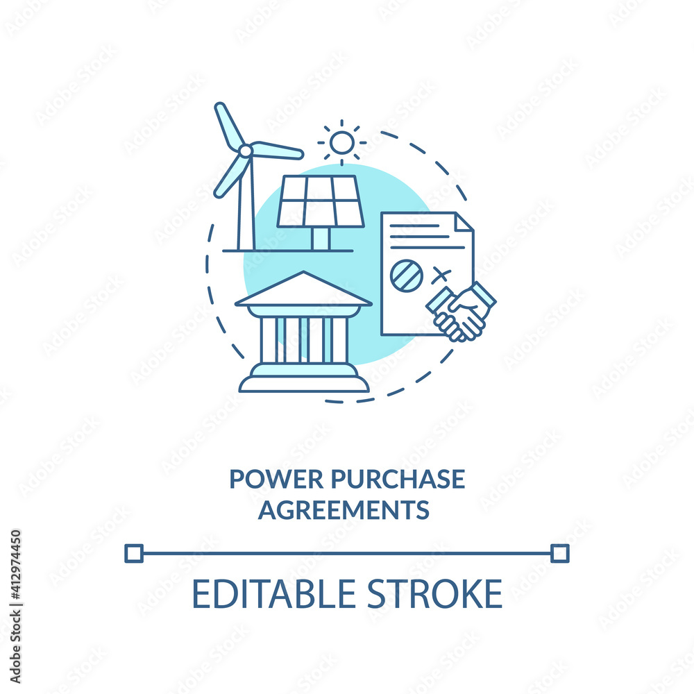 Power purchase and sale of electricity agreements concept icon. Electric generator and solar purchaser idea thin line illustration. Vector isolated outline RGB color drawing. Editable stroke