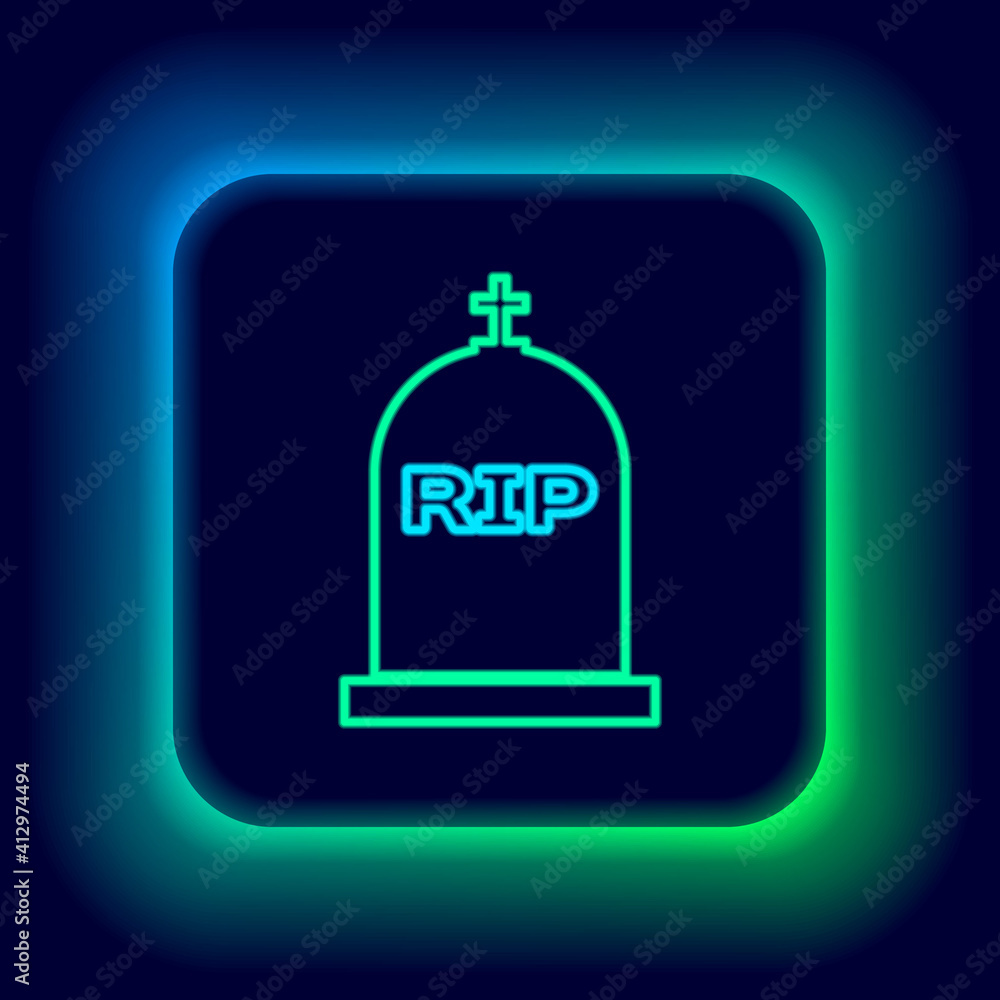 Glowing neon line Tombstone with RIP written on it icon isolated on black background. Grave icon. Colorful outline concept. Vector. Glowing neon line Tombstone with RIP written on it icon isolated on black background. Grave icon. Colorful outline concept. Vector.