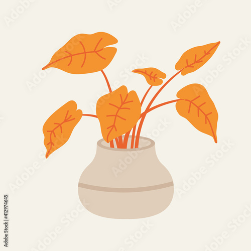 Vector illustration of the flowerpot with orange home flower, isolated on a beige background. Concept of home flower, springtime gardening, floriculture. Hand-drawn set in flat style.