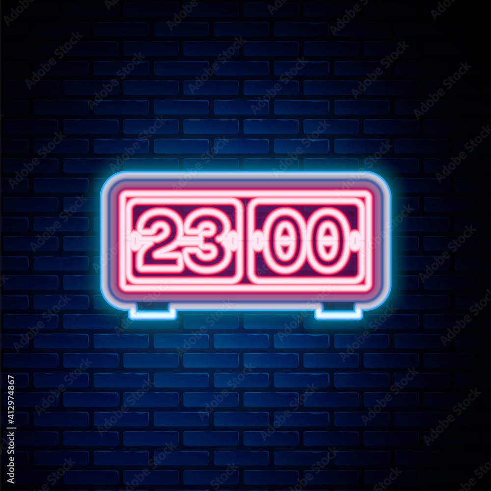 Fototapeta premium Glowing neon line Retro flip clock icon isolated on brick wall background. Wall flap clock, number counter template, all digits with flips. Colorful outline concept. Vector.