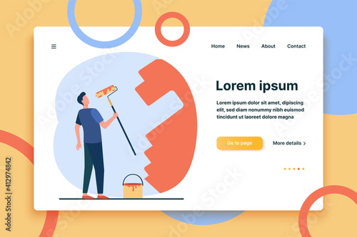 House-painter painting wall with paint roller. Color, handyman, repairman flat vector illustration. Repair and renovation concept for banner, website design or landing web page