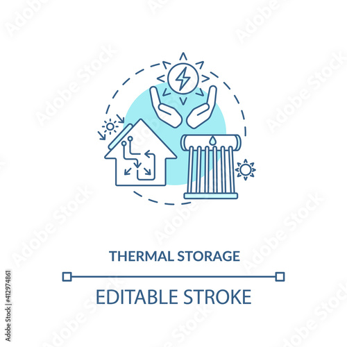 Thermal energy storage concept icon. Renewable electricity production idea thin line illustration. Heat storage and release. Vector isolated outline RGB color drawing. Editable stroke