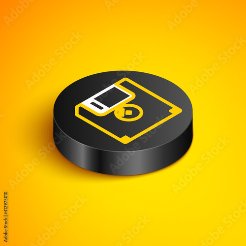Isometric line Floppy disk for computer data storage icon isolated on yellow background. Diskette sign. Black circle button. Vector.