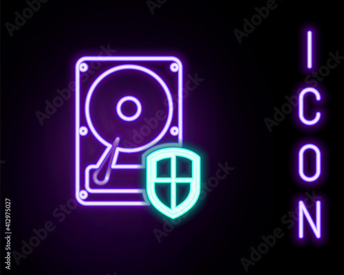 Glowing neon line Hard disk drive HDD protection icon isolated on black background. Colorful outline concept. Vector.