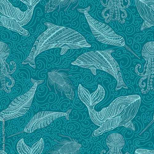 Whale dolphin octopus narwhal and fish ornamental colorful waves fantasy sea seamless pattern, cyan outline color, isolated on dark blue. © Olga