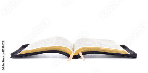 Canvas Print Opened Holy Bible book, isolated on white