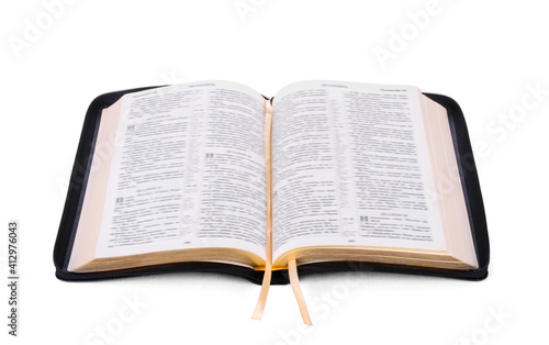 Opened Holy Bible book, isolated on white