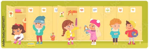 Kids changing clothes at lockers in kindergarten. Little boys and girls putting on clothes in winter vector illustration. Lockers with doors in row. Preschool children together