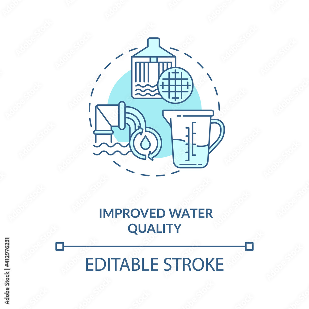 Improved water quality concept icon. Using water filter removing bacteria, metals and contaminants idea thin line illustration. Vector isolated outline RGB color drawing. Editable stroke