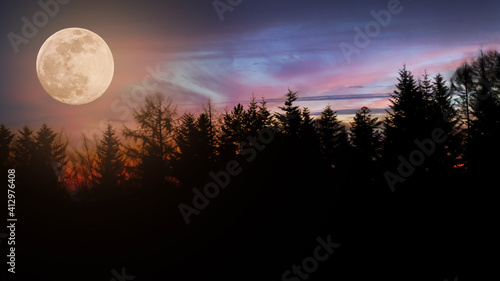 Picturesque landscape - multi colored sky with moon over dark forest.