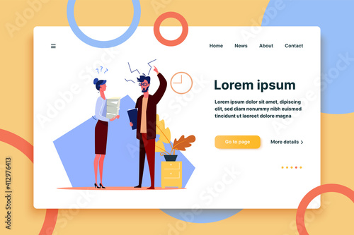 Male boss scolding female office worker. Quarrel flat vector illustration. Conflict at work concept for banner, website design or landing web page