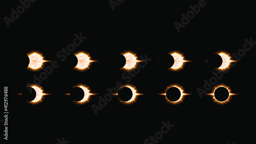 Set Collection Phases Of A Solar And Lunar Eclipse On Dark Background Sun