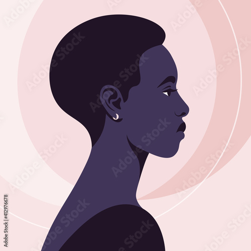 Portrait of an African woman in profile. The head is on the side. Diversity. Avatar. Vector flat illustration
