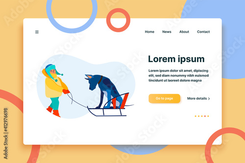 Kid and dog sledging outdoors. Boy walking with pet in park flat vector illustration. Leisure, outdoor activity, winter vacation concept for banner, website design or landing web page