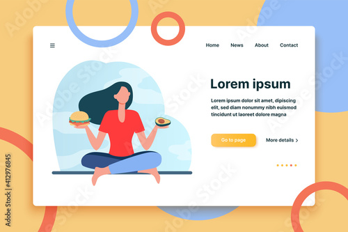 Healthy and junk food choice. Woman choosing between burger and avocado flat vector illustration. Healthy eating, unhealthy habit, diet concept for banner, website design or landing web page