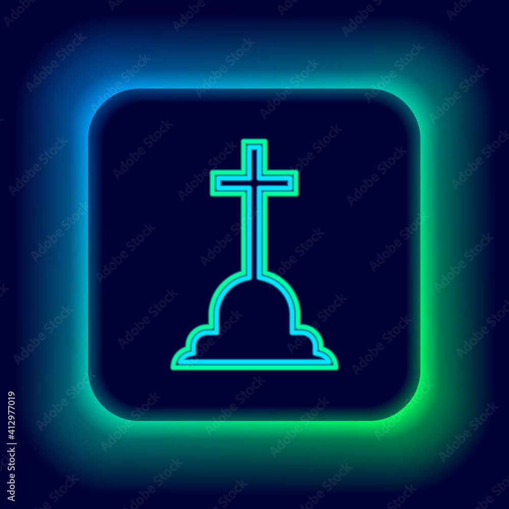 Glowing neon line Tombstone with cross icon isolated on black background. Grave icon. Colorful outline concept. Vector. Glowing neon line Tombstone with cross icon isolated on black background. Grave icon. Colorful outline concept. Vector.