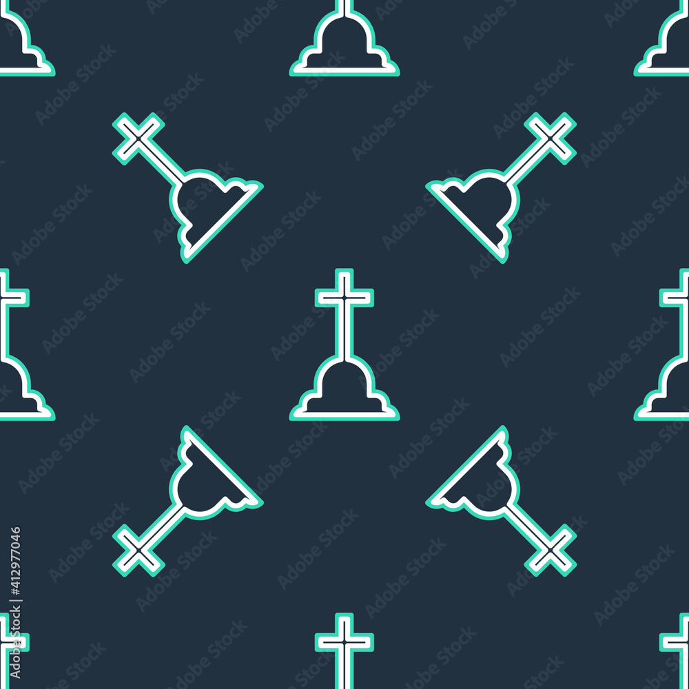 Line Tombstone with cross icon isolated seamless pattern on black background. Grave icon. Vector. Line Tombstone with cross icon isolated seamless pattern on black background. Grave icon. Vector.