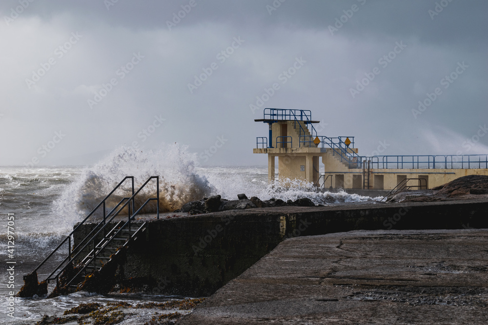 Galway Blackrock diving boards during stormy weather